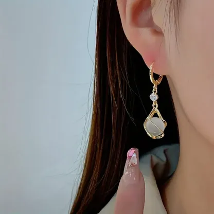 Moonstone Bead Shiny Rhinestone Decor Dangle Earrings Elegant Simple Style Copper Jewelry Delicate Female Gift