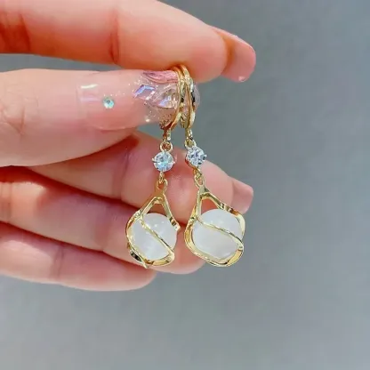 Moonstone Bead Shiny Rhinestone Decor Dangle Earrings Elegant Simple Style Copper Jewelry Delicate Female Gift