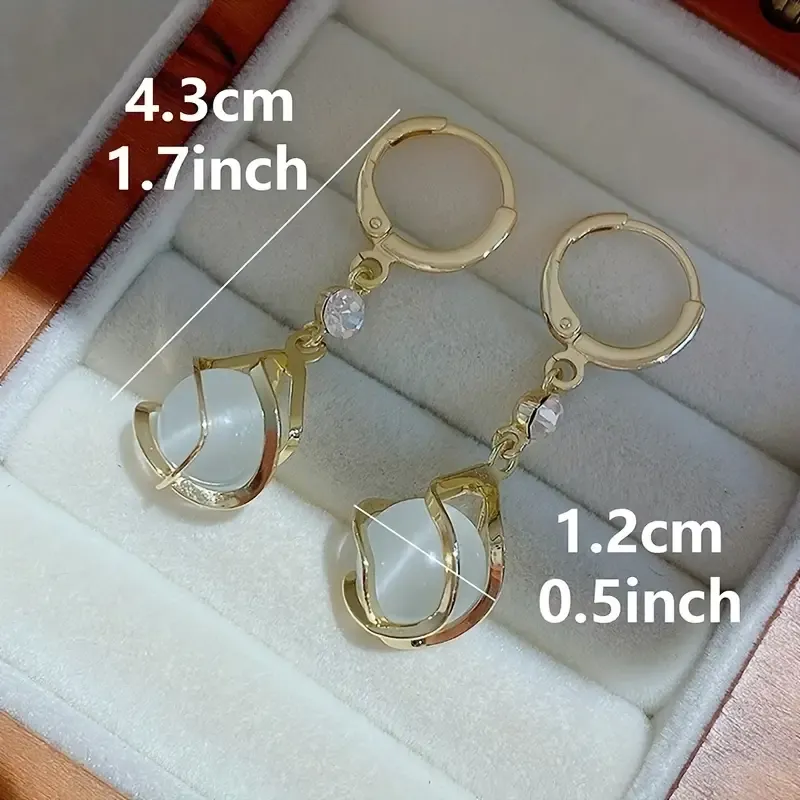 Moonstone Bead Shiny Rhinestone Decor Dangle Earrings Elegant Simple Style Copper Jewelry Delicate Female Gift