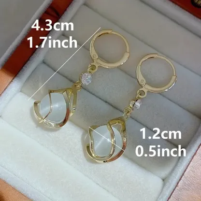 Moonstone Bead Shiny Rhinestone Decor Dangle Earrings Elegant Simple Style Copper Jewelry Delicate Female Gift