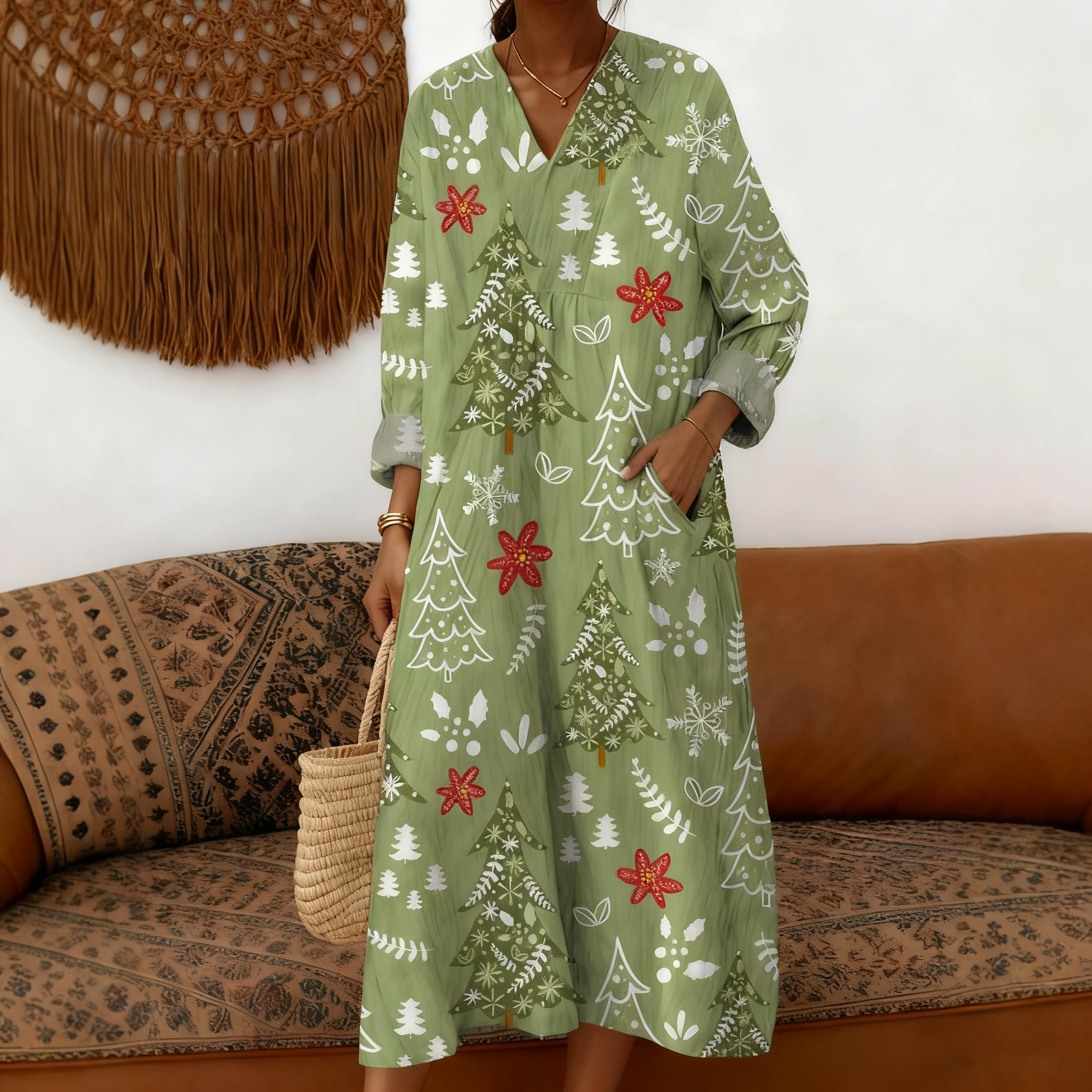 Women's Christmas Tree Pattern Art Print Cotton Dress