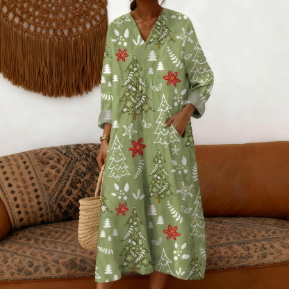 Women's Christmas Tree Pattern Art Print Cotton Dress