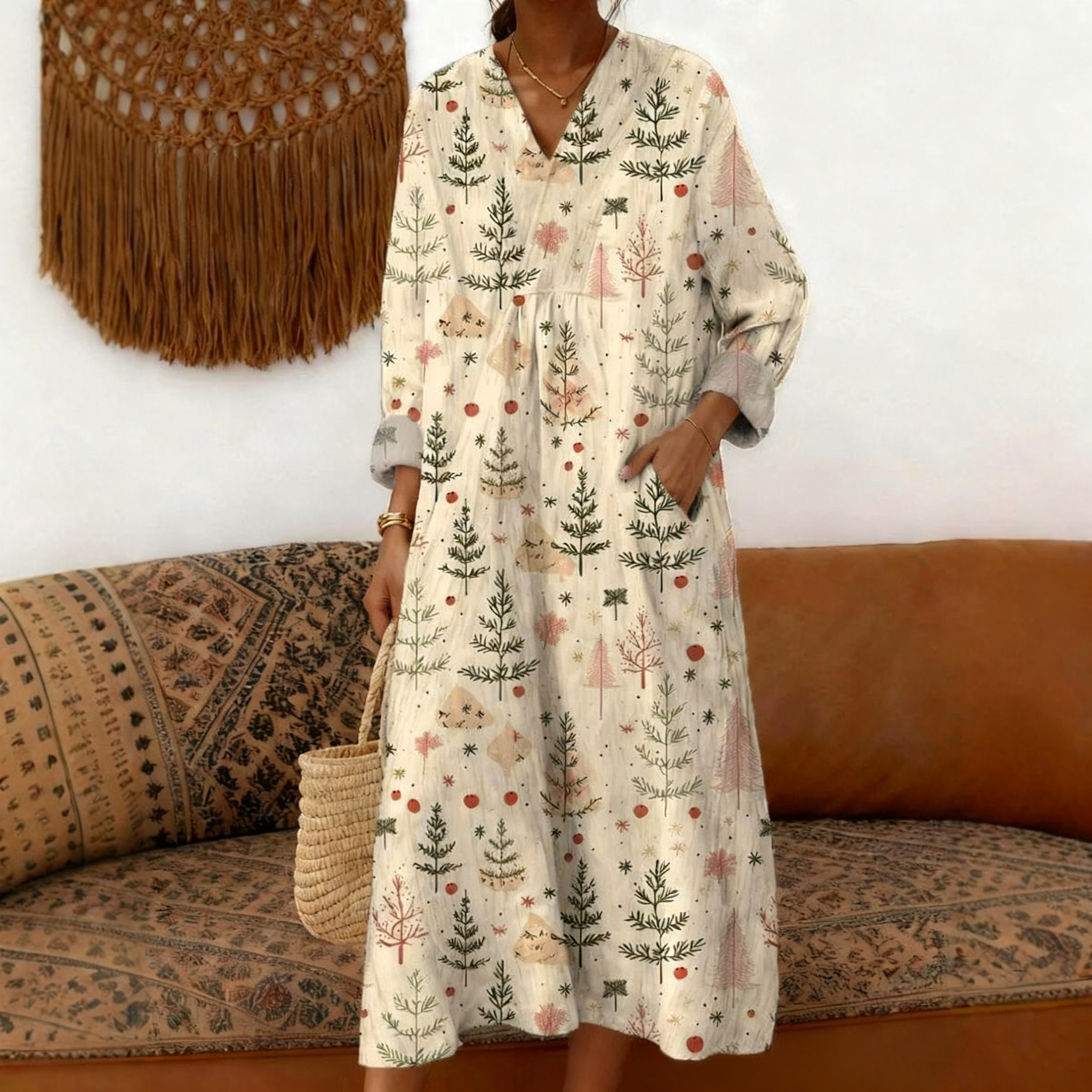 Women's Christmas Tree Pattern Art Print Cotton Dress