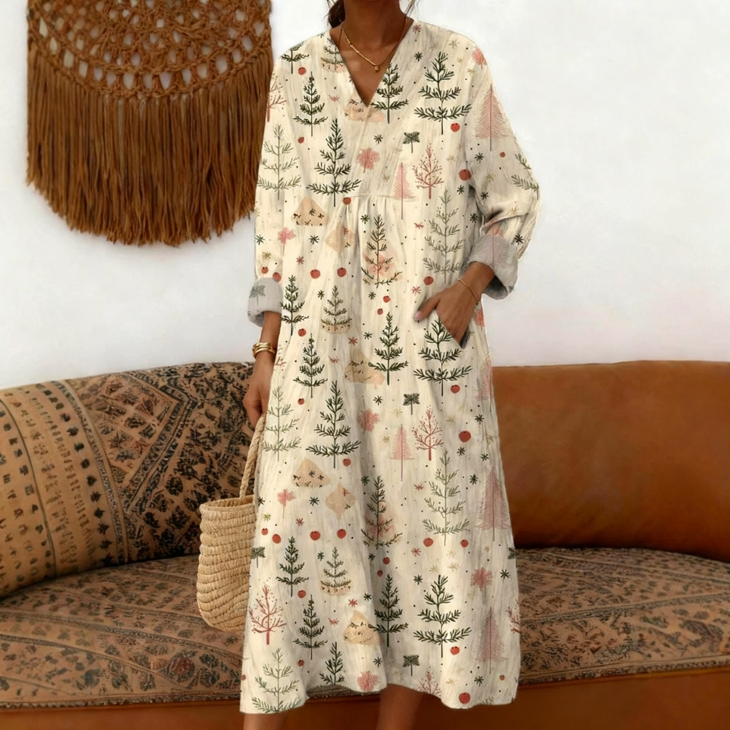 Women's Christmas Tree Pattern Art Print Cotton Dress