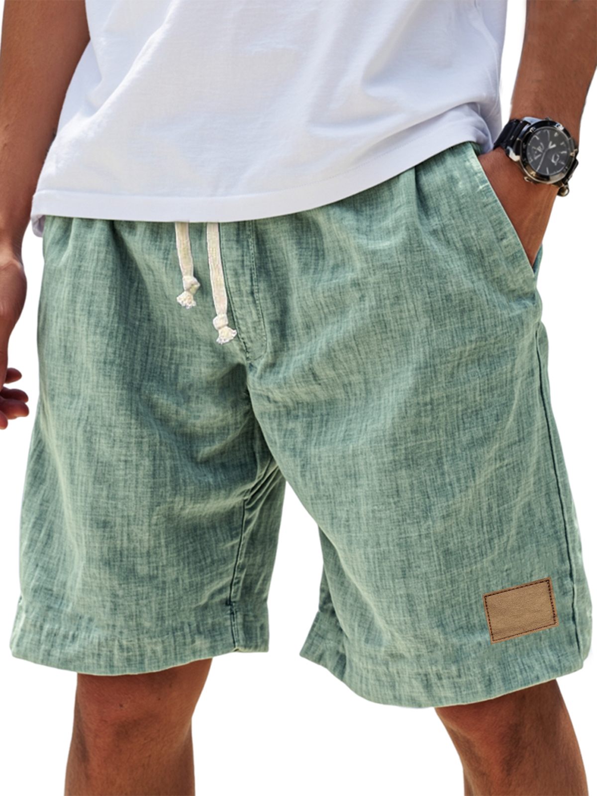 Men's Breathable Linen Embroidered Logo Loose Holiday Shorts