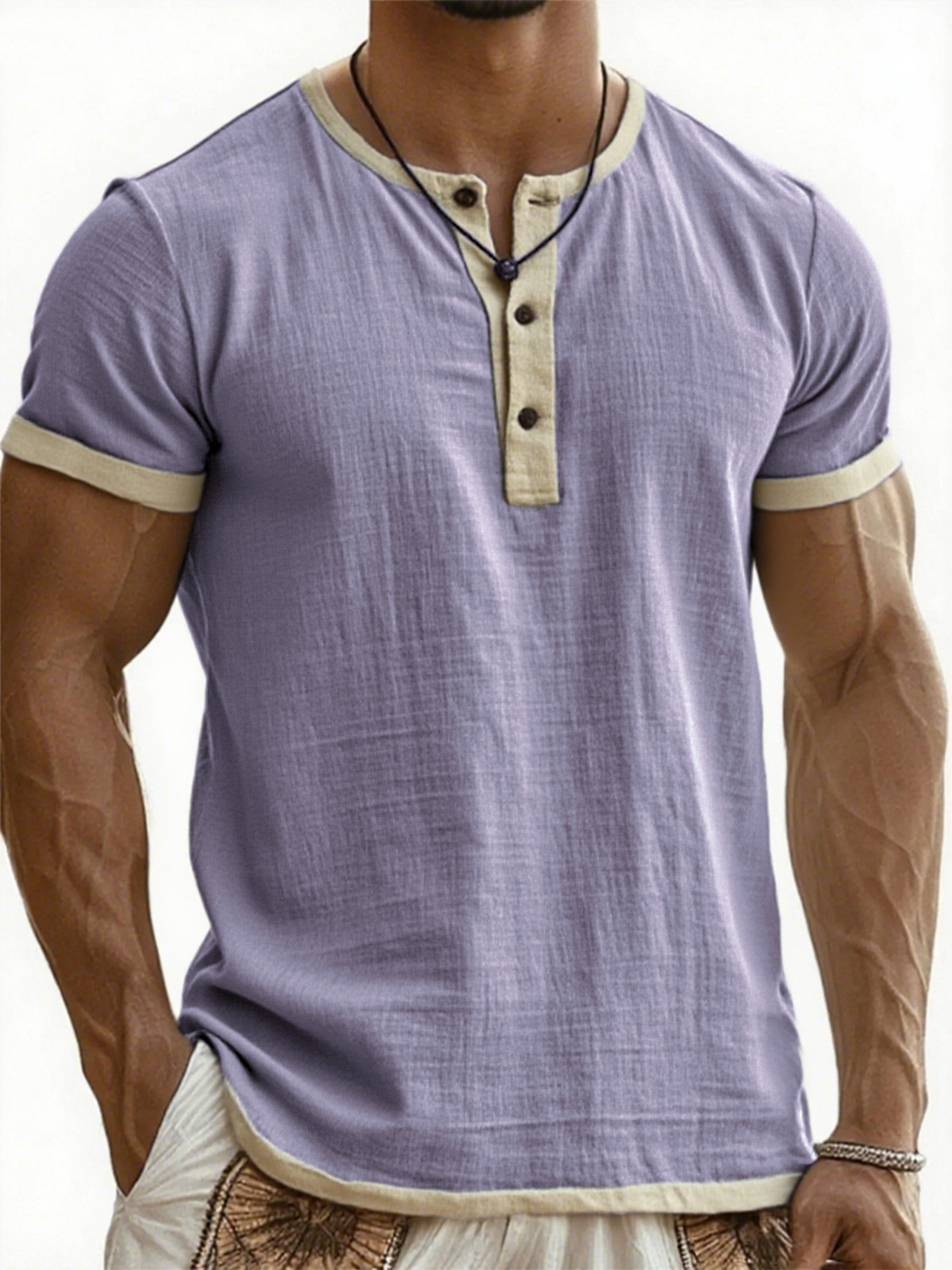 Men's Breathable Linen Contrast Pleated Resort Henley Top