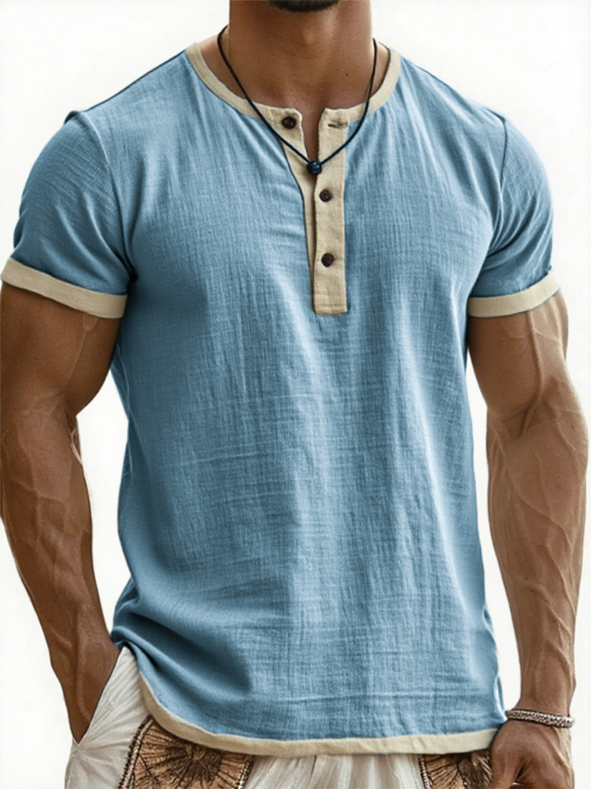 Men's Breathable Linen Contrast Pleated Resort Henley Top
