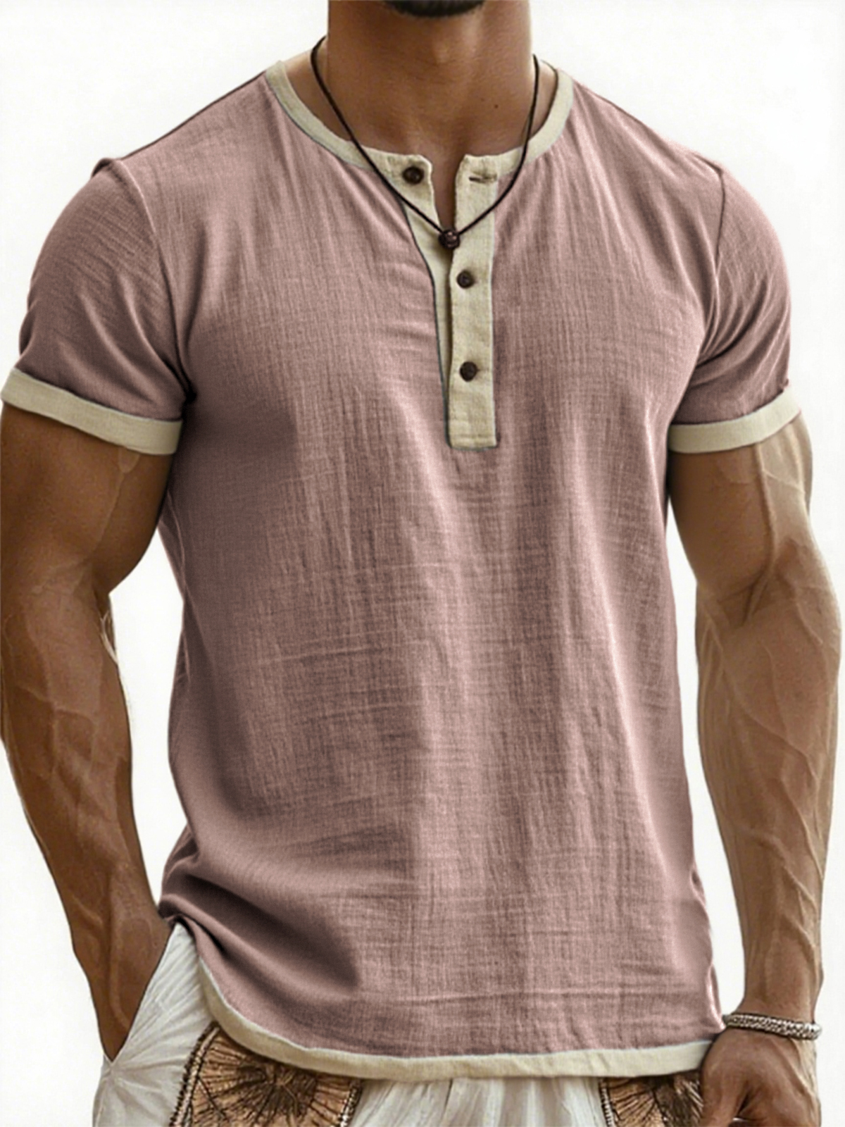 Men's Breathable Linen Contrast Pleated Resort Henley Top