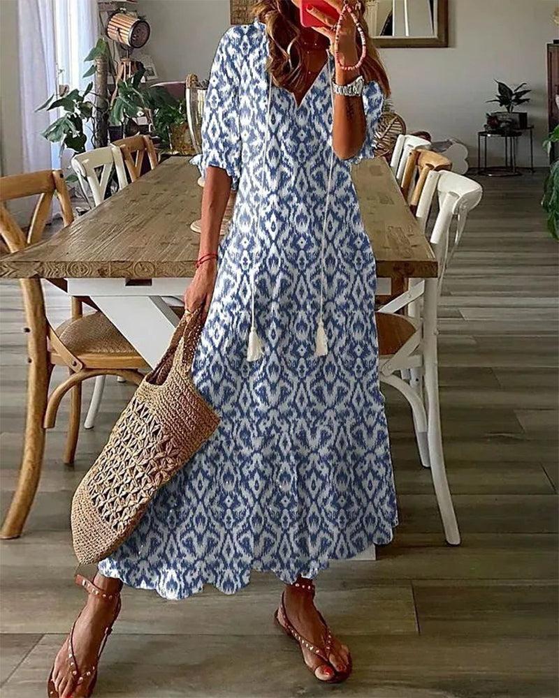 Boho Vintage V-Neck Printed Dress