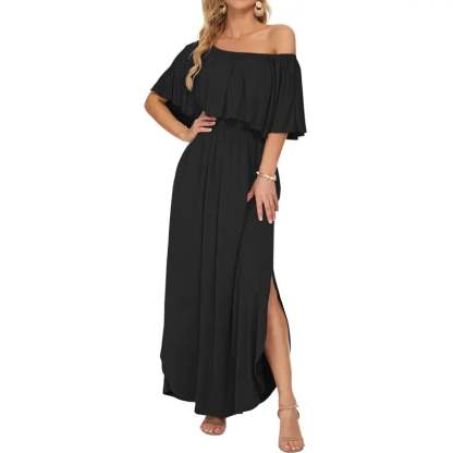 🔥LAST day 49% OFF🔥Women's Off The Shoulder Dress Wedding Guest Dress Summer Casual Long Ruffle Party Side Split Beach Maxi Dresses