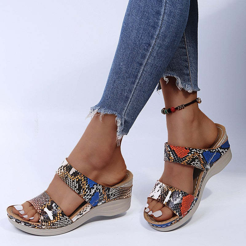 2024 🌹 New Leopard Print Leather Wedge Soft Sole Sandals