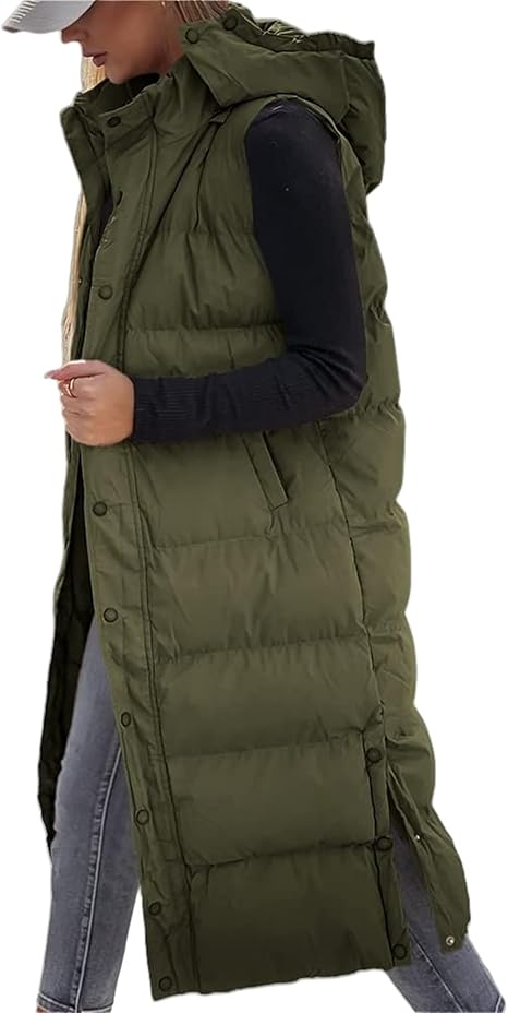 🔥 Women's Long Puffer Vest | Quilted Hood & Button Closure ❄️