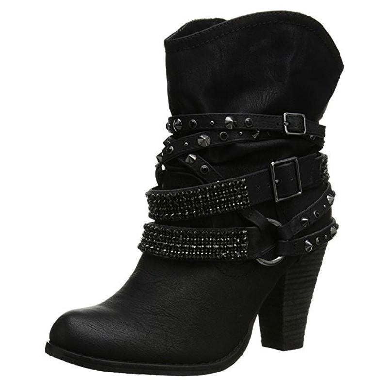 Women Fashion Short Rhinestone Booties Studded Strap Buckle Round Toe