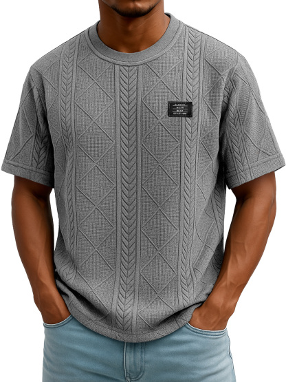 Men's Daily Round Neck Embroidered Logo Casual Texture Short Sleeve T-shirt