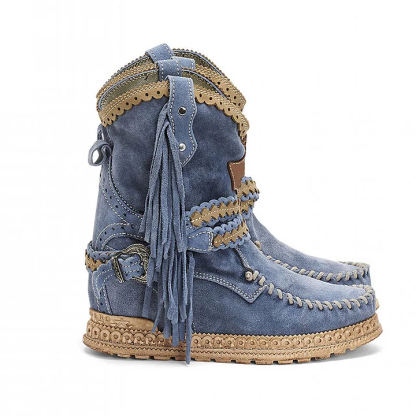 Women's Retro Leather Round-toe Flat Heel Tassel Boots Silverstone Marine Turquoise Moccasin Vintage Stone-washed Shoes