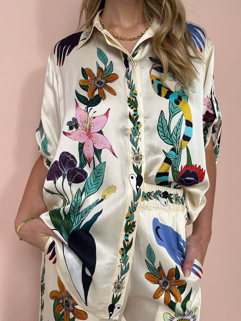 Beauty Unique Print Long Sleeve Shirt And Elastic Waist Pants Set