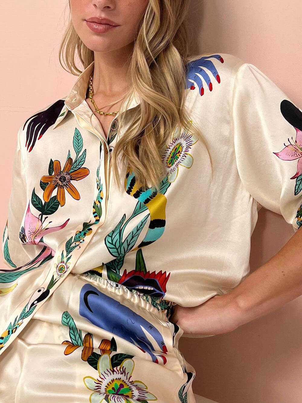 Beauty Unique Print Long Sleeve Shirt And Elastic Waist Pants Set