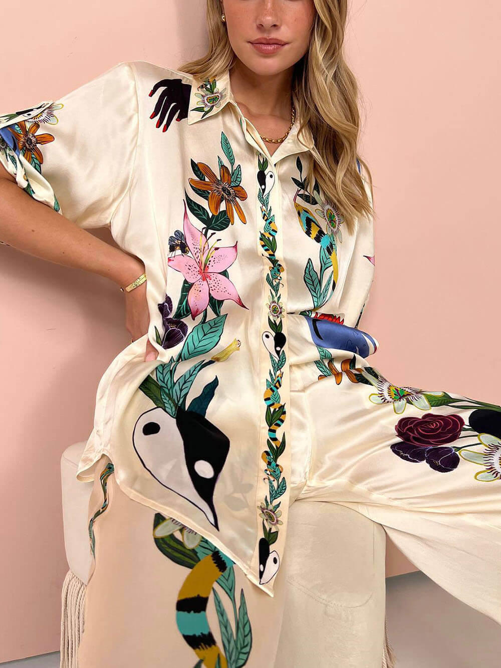 Beauty Unique Print Long Sleeve Shirt And Elastic Waist Pants Set