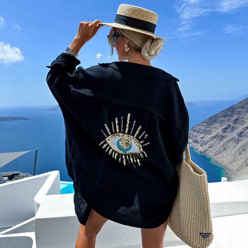 Evil Eye Casual Sequin Beaded Shirt