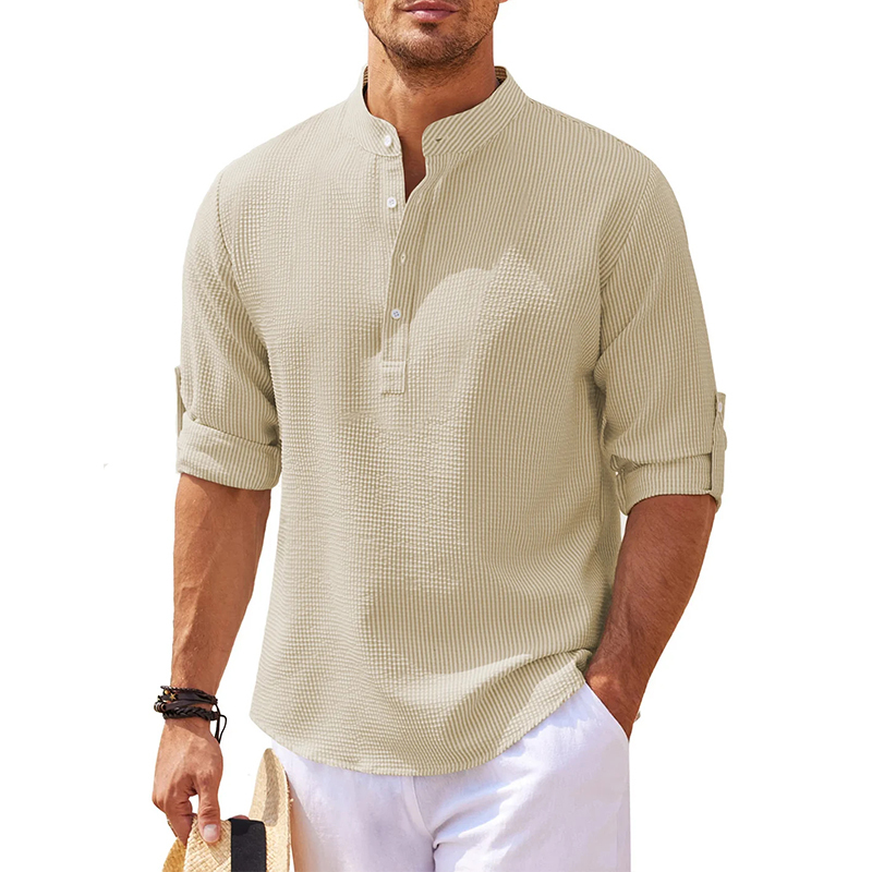 Men's Linen Henley Shirt Beach T Shirts Vertical Striped Hawaiian Shirts