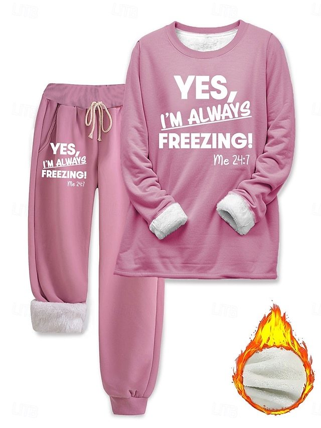 Women's Pajamas Set Fleece Lined 2 Pieces Sweatshirt Tracksuits Loungewear Set Pyjamas Fleece Fluffy Long Sleeve Top and Pant Text Print Comfort Casual Home Wear Drawstring Solid Cozy Winter