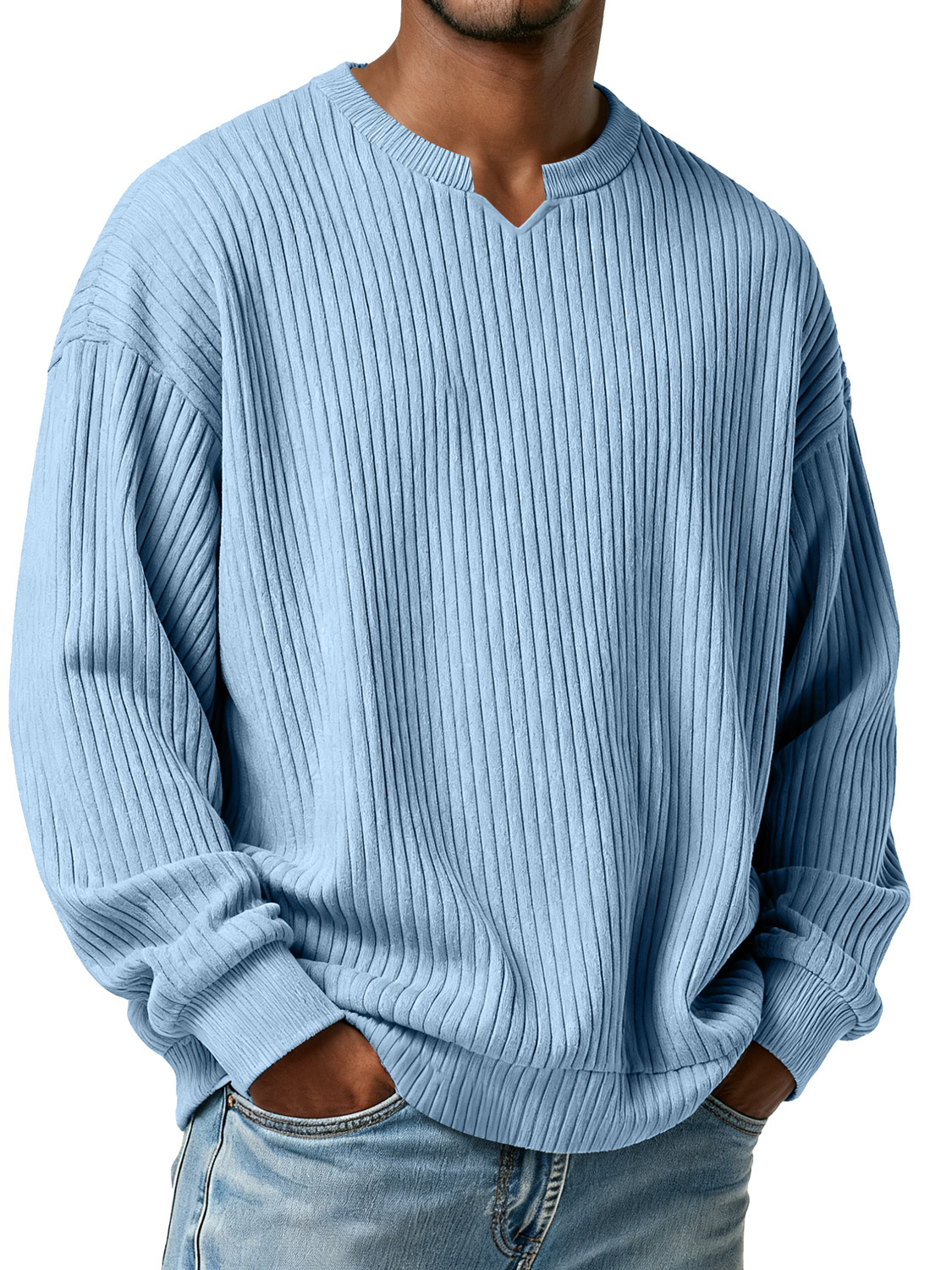 Men's Simple Vertical Ribbed Small V-neck Casual Loose Long-sleeved T-