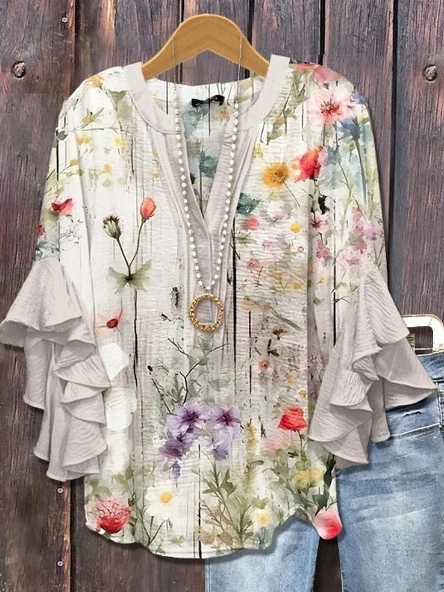 Women's vintage blouse-style multi-layer ruffled top with 3D printed vintage floral pattern, 3/4 length sleeves