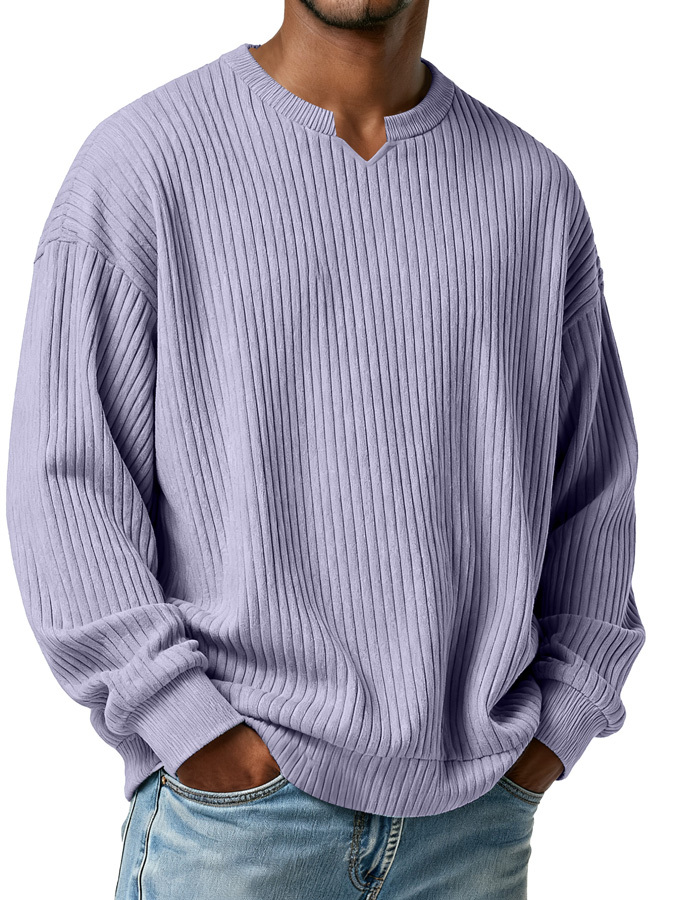 Men's Simple Vertical Ribbed Small V-neck Casual Loose Long-sleeved T-shirt