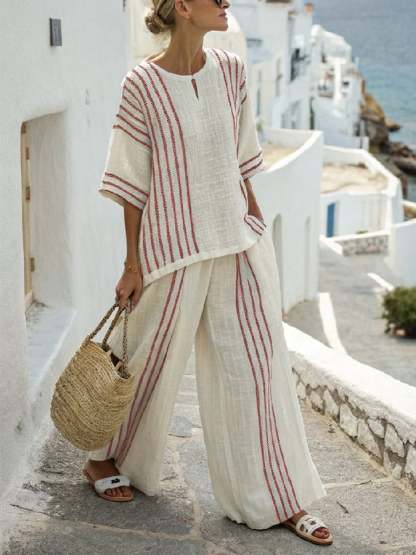 Women Summer Linen Loose Slit Contrast Striped Pants Set