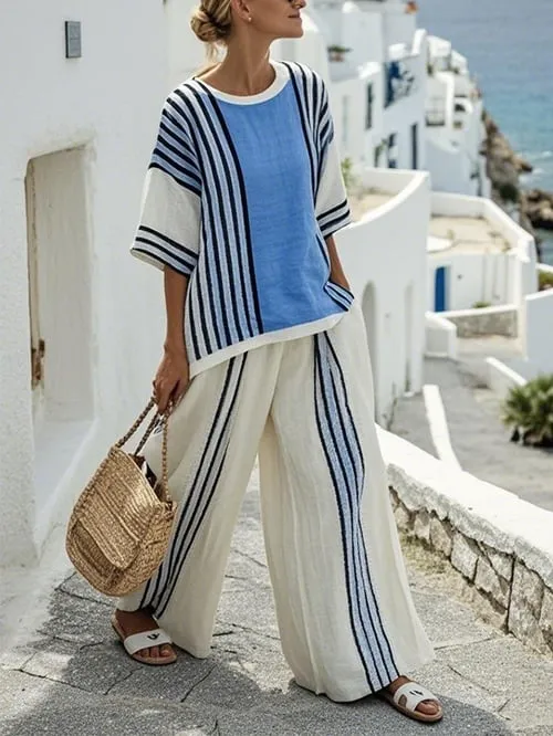 Women Summer Linen Loose Slit Contrast Striped Pants Set