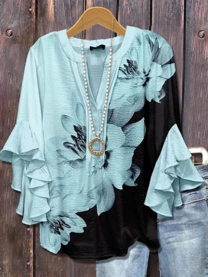 Women's vintage blouse-style multi-layer ruffled top with 3D printed vintage floral pattern, 3/4 length sleeves