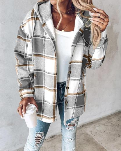 Plaid Pattern Long Sleeve Shacket Button Down Fleece Lined Hooded Jackets Warm Coat