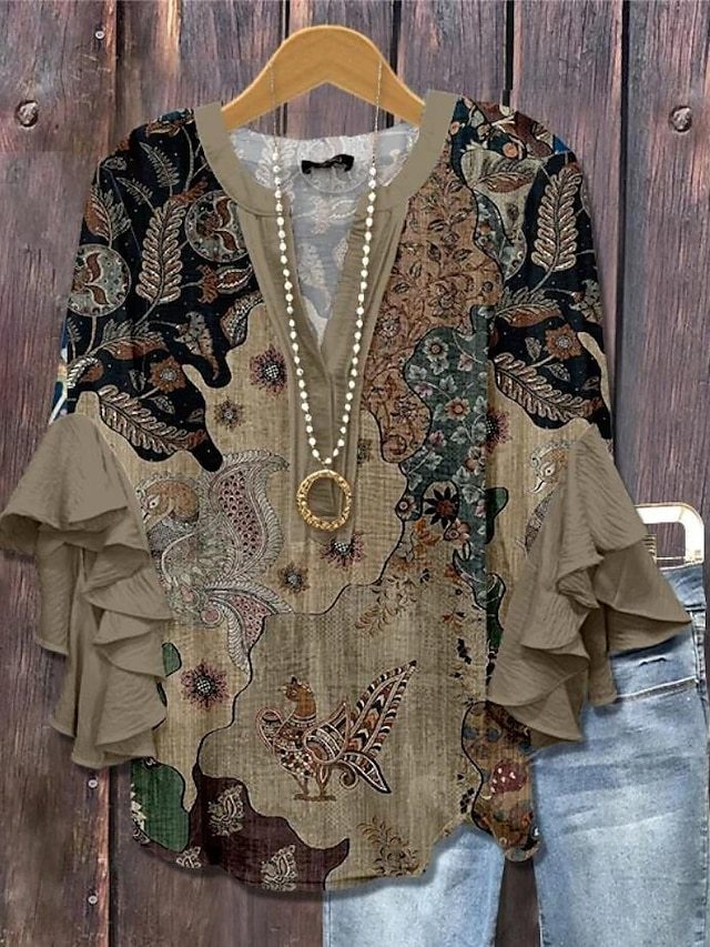 Women's vintage blouse-style multi-layer ruffled top with 3D printed vintage floral pattern, 3/4 length sleeves