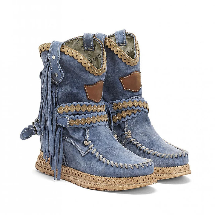 Women's Retro Leather Round-toe Flat Heel Tassel Boots Silverstone Marine Turquoise Moccasin Vintage Stone-washed Shoes