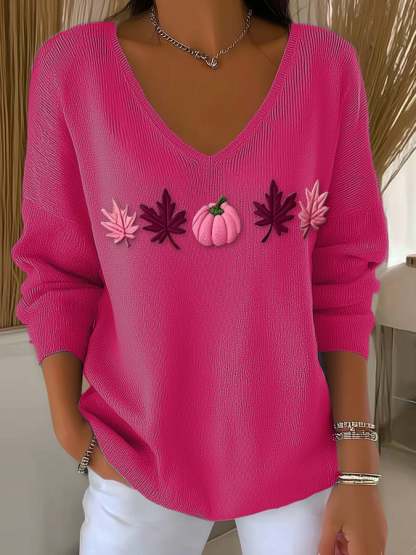 Women's Casual Pink Maple Leaf Pumpkin Striped Autumn And Winter Bottoming Shirt