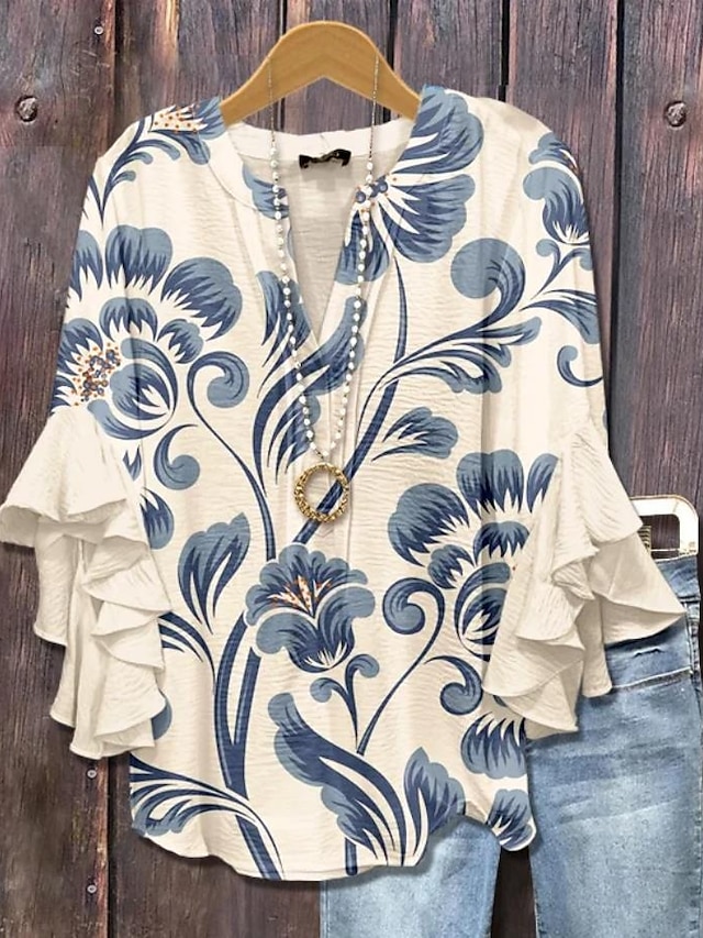 Women's vintage blouse-style multi-layer ruffled top with 3D printed vintage floral pattern, 3/4 length sleeves