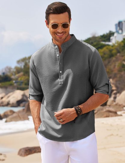 Men's Linen Henley Shirt Beach T Shirts Vertical Striped Hawaiian Shirts