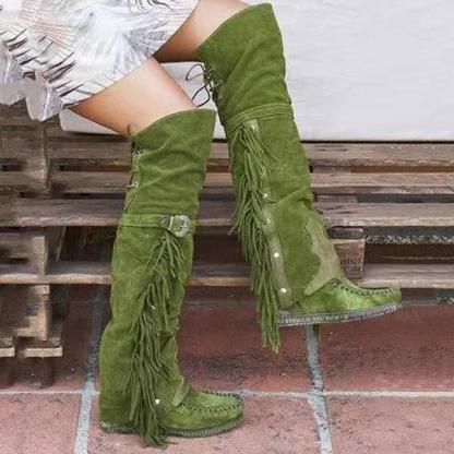 Women's Over The Knee Tassel Rivet Flat Boots