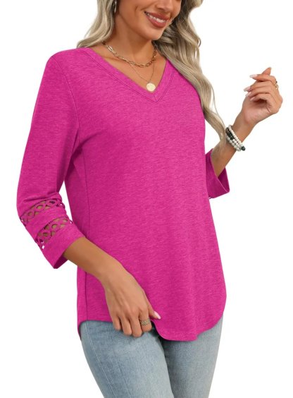 2025 New Womens 3/4 Length Sleeve Tops Trendy V Neck T Shirts