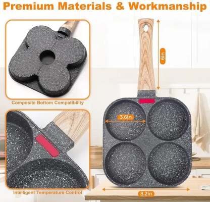 Non-stick Egg Frying Pan, 4 Holes Skillet With Handle, Multifunctional, Wooden Handle Medical Stone Omelet Non-stick Cookware frying pan