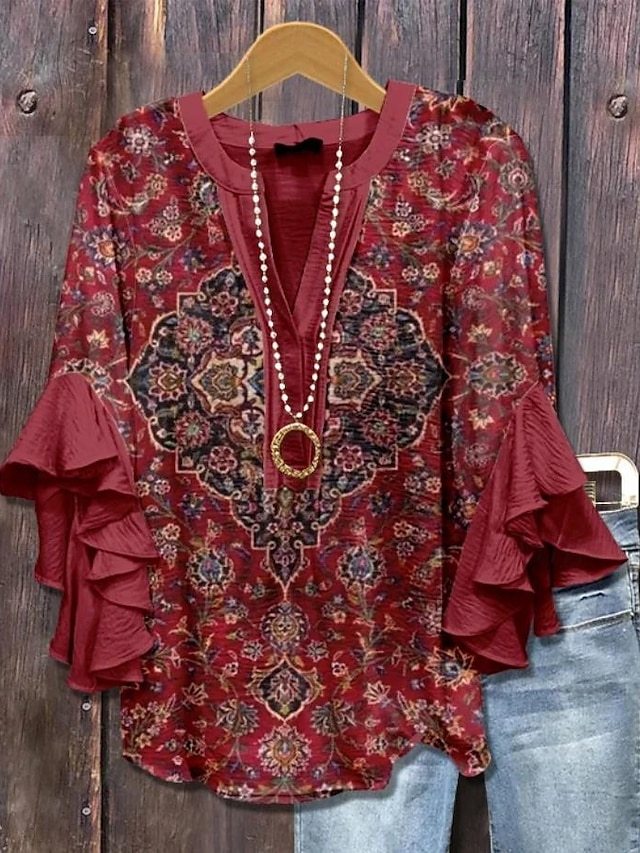 Women's vintage blouse-style multi-layer ruffled top with 3D printed vintage floral pattern, 3/4 length sleeves