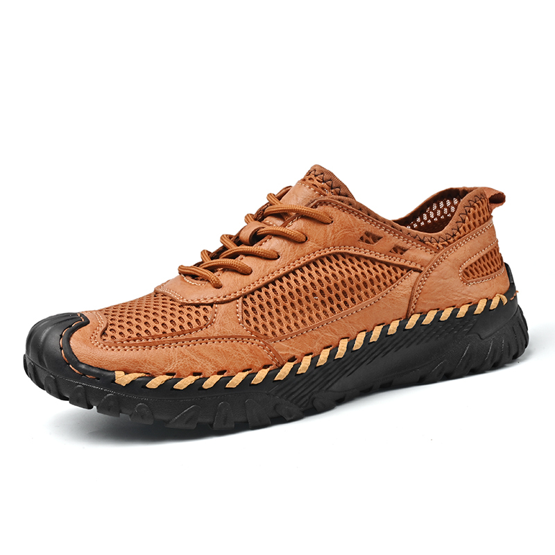 (⏰LAST DAY-60% OFF🛒)Men’s Genuine Leather Loafers – Breathable Mesh Slip-On Casual Shoes with Arch Support, Wide Toe Design, Hand-Sewn Stitching & Anti-Slip Sole for Work & Driving