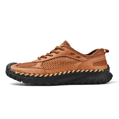 (⏰LAST DAY-60% OFF🛒)Men’s Genuine Leather Loafers – Breathable Mesh Slip-On Casual Shoes with Arch Support, Wide Toe Design, Hand-Sewn Stitching & Anti-Slip Sole for Work & Driving