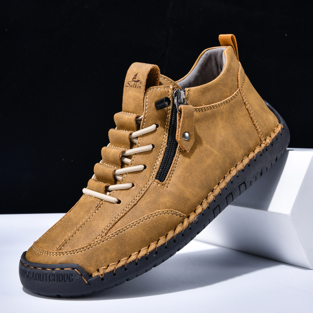 (⏰LAST DAY-70% OFF🛒)Men’s Outdoor Casual Leather Boots – First Layer Cowhide, Wide Toe, Arch Support, Zipper & Slip-On, Comfortable for Walking & Driving
