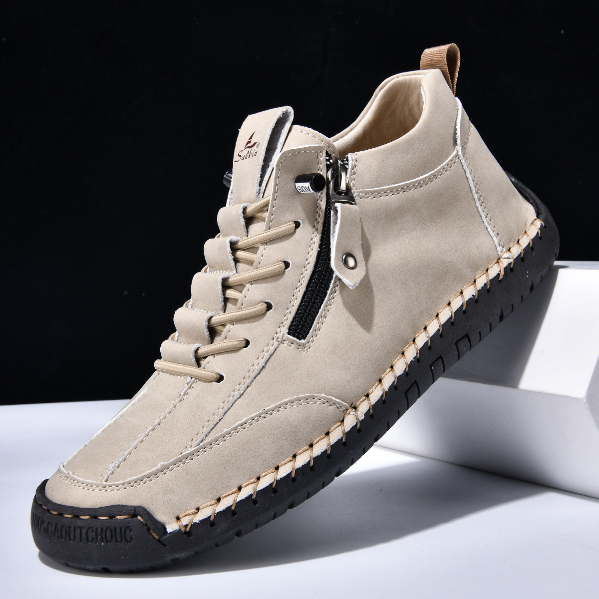 (⏰LAST DAY-70% OFF🛒)Men’s Outdoor Casual Leather Boots – First Layer Cowhide, Wide Toe, Arch Support, Zipper & Slip-On, Comfortable for Walking & Driving