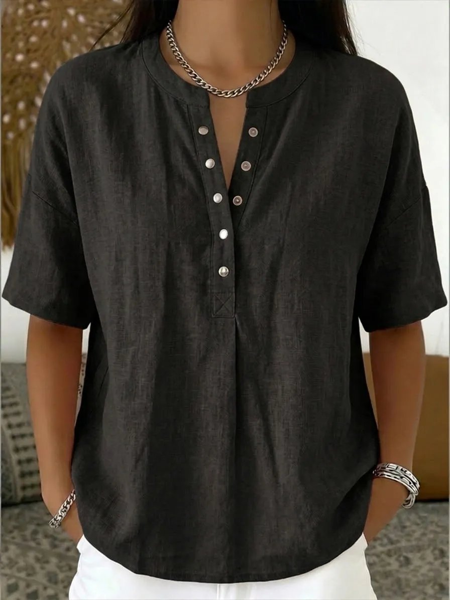 New Arrivals🔥Women's Casual Henley Collar Linen And Cotton Short-sleeve Shirt