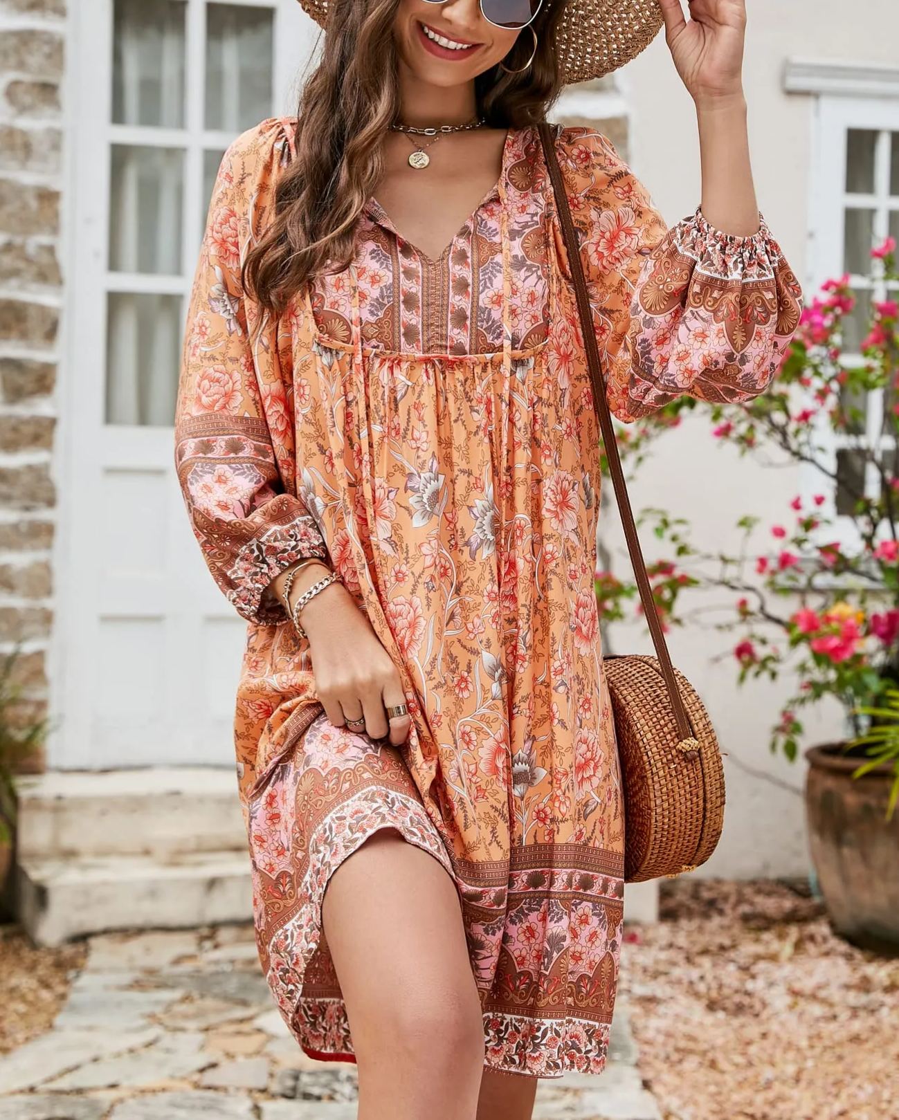 Women's V Neck 3/4 Sleeve Short Floral Print Flowy Dress