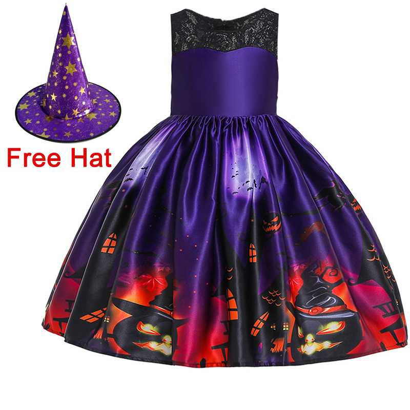 Kids Girls Halloween Costume Dress w/Witch Hat