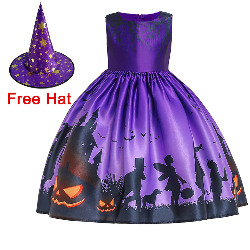 Kids Girls Halloween Costume Dress w/Witch Hat