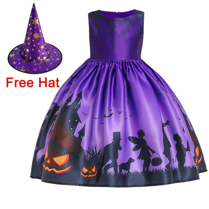 Kids Girls Halloween Costume Dress w/Witch Hat